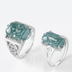 925 Sterling Silver Jade PiXiu Luck Ring – Two rings on white showing front and side views of jade PiXiu
