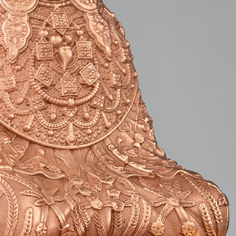 Shakyamuni Compassion Copper Statue – displayed on wooden altar with candle, home meditation corner