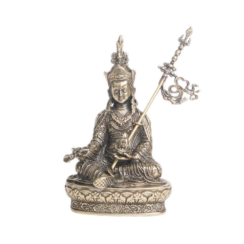 Padmasambhava Buddha Copper Statue – displayed on wooden shelf with incense, zen meditation room setup