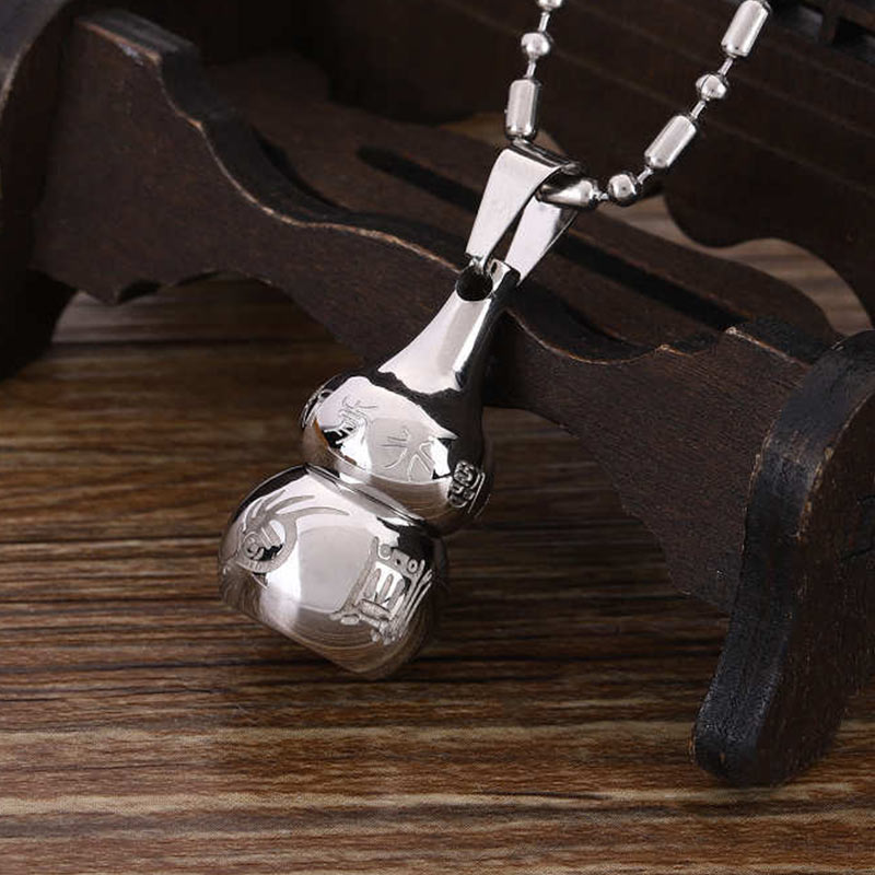 Tibetan Yin Yang Gourd Necklace - Silver gourd on carved dark wood stand with bead chain, amulet