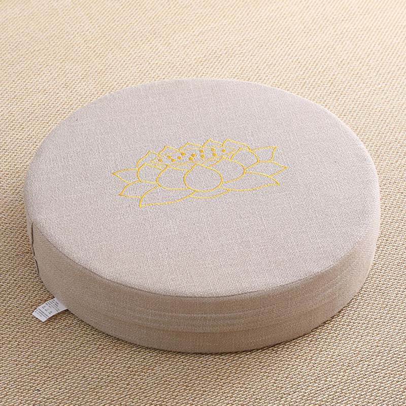 Natural Linen Meditation Cushion - Gold lotus embroidery on beige zafu, cotton linen fabric