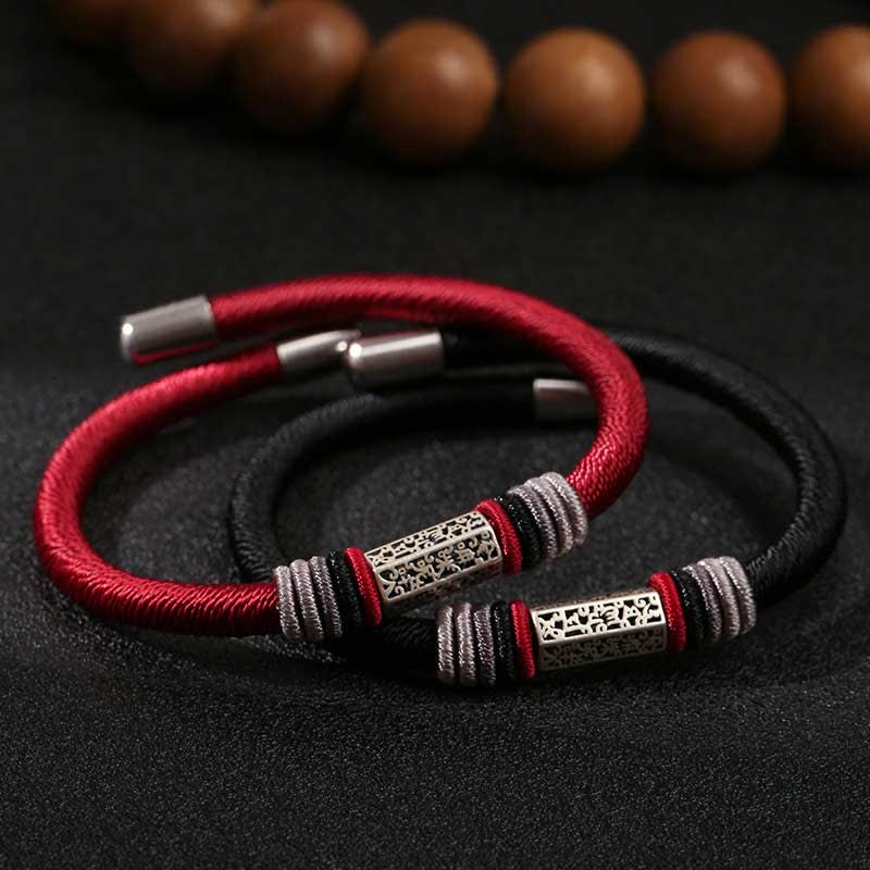 Om Mani Padme Hum Red Bracelet – Overlapping red and black cord pair with openwork silver beads, Buddhist prayer jewelry
