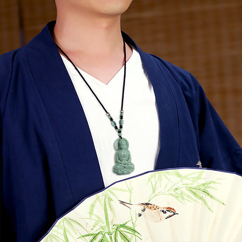 Amitabha Buddha Jade String Necklace - Worn with traditional Chinese jacket and bamboo fan