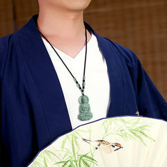 Amitabha Buddha Jade String Necklace - Worn with traditional Chinese jacket and bamboo fan