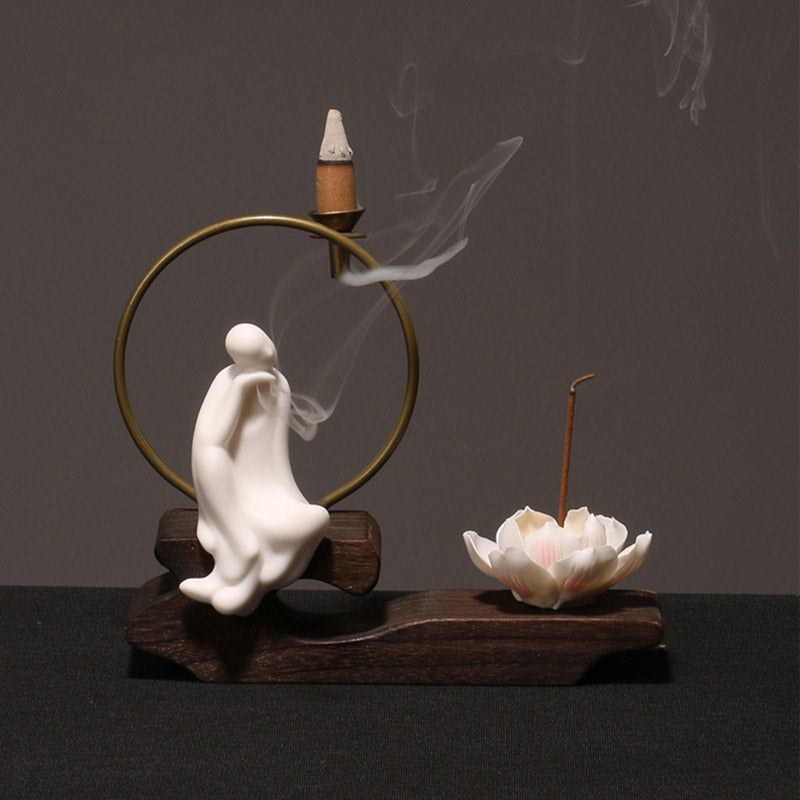 Ceramic Lotus Incense Burner – white Guanyin, brass ring, smoke right, lotus holder, spiritual