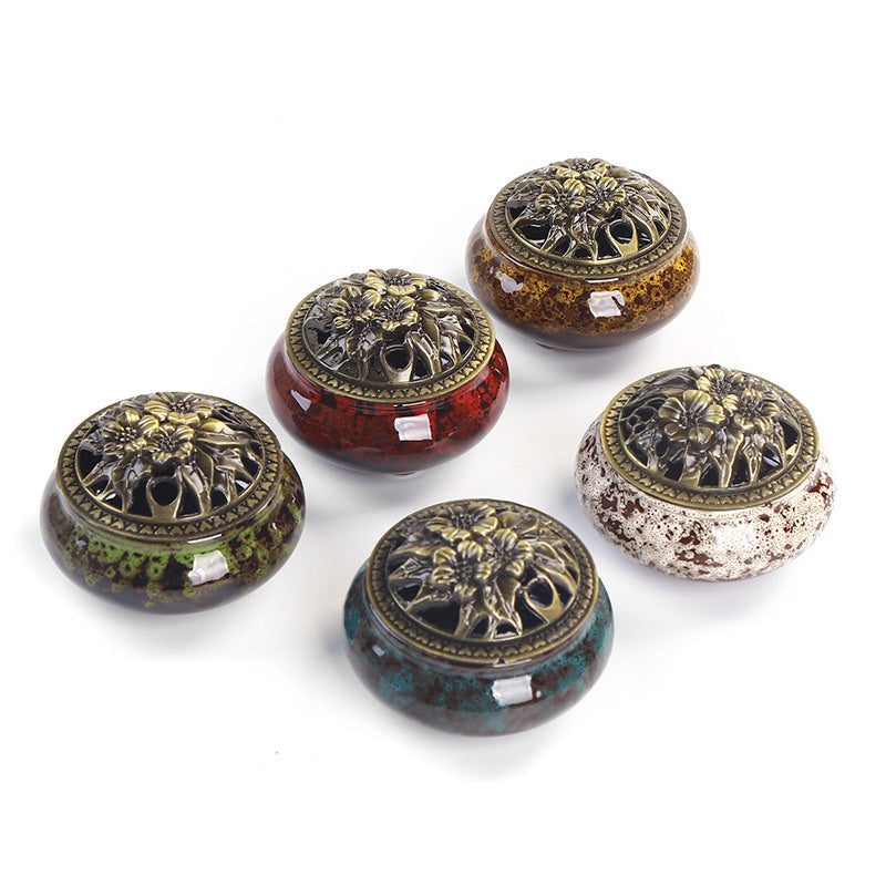 Flower Pattern Ceramic Burner – five color options with lotus lids on white background, mindful