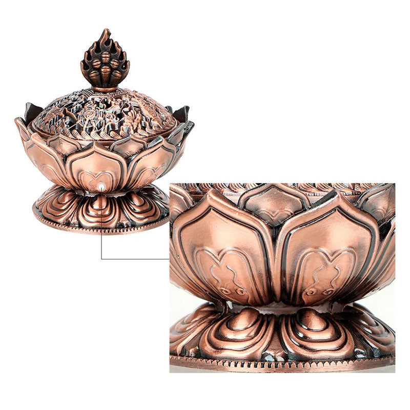 Lotus Shaped Incense Burner - Brass censer with swastika lid on wooden base with smoke, Buddhist altar