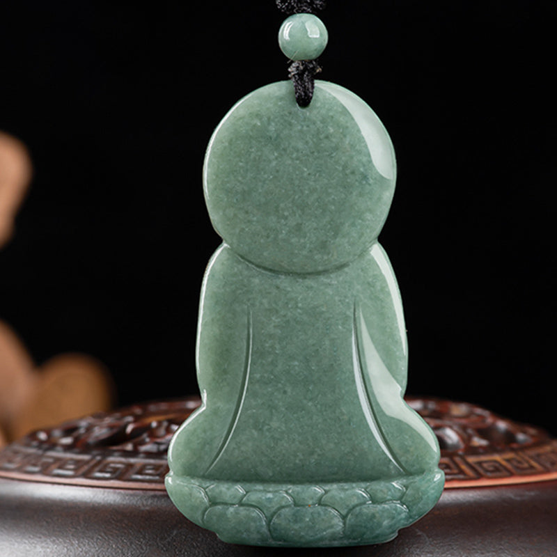 Amitabha Buddha Jade String Necklace - Frontal studio view on white background, full carving detail