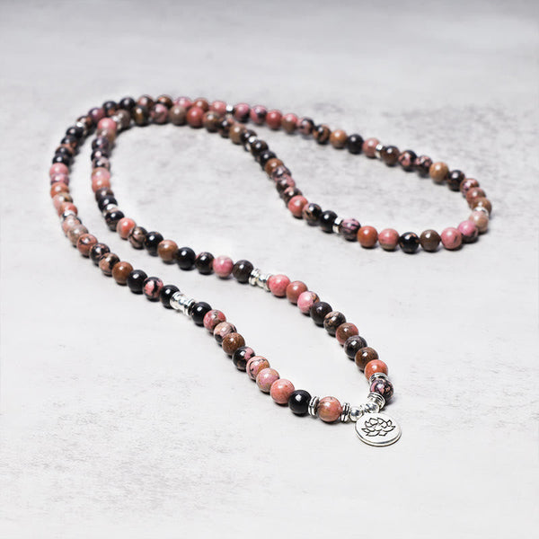 108 Mala Beads Rhodonite Lotus Bracelet – Full strand with black marker beads and lotus charm, heart chakra