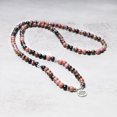 108 Mala Beads Rhodonite Lotus Bracelet – Full strand with black marker beads and lotus charm, heart chakra
