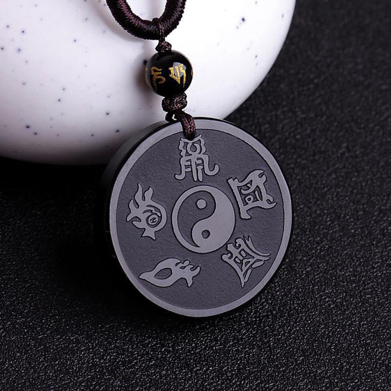 Black Obsidian Bagua Key Chain – Yin Yang engraved pendant on cord, five mountains talisman