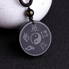 Black Obsidian Bagua Key Chain – Yin Yang engraved pendant on cord, five mountains talisman