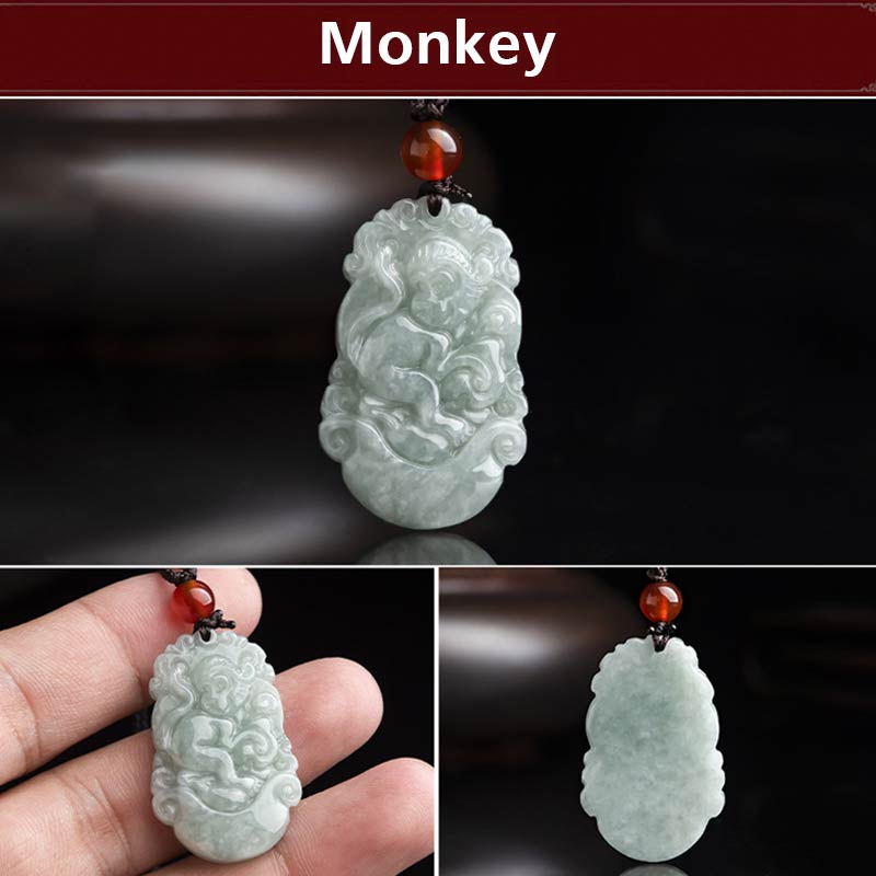 Natural Jade Chinese Zodiac Pendant – Monkey seated pose three angles, cleverness