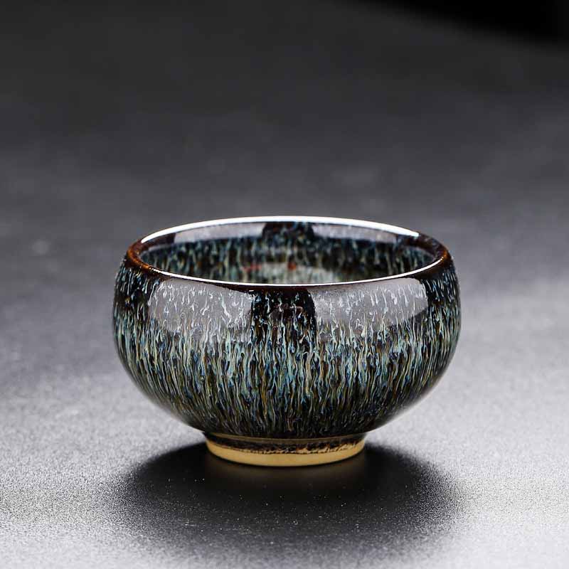 Jianzhan Koi Teacup – close-up of oil spot crystalline glaze texture, ceramic art