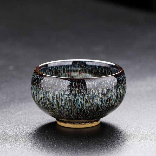 Jianzhan Koi Teacup – close-up of oil spot crystalline glaze texture, ceramic art