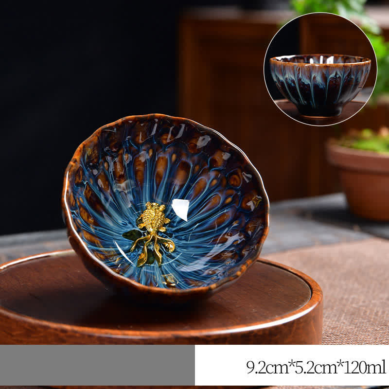 Lotus Peacock Dragon Phoenix Koi Fish Ceramic Teacup – koi and lotus combined scene close-up, luck tea cup