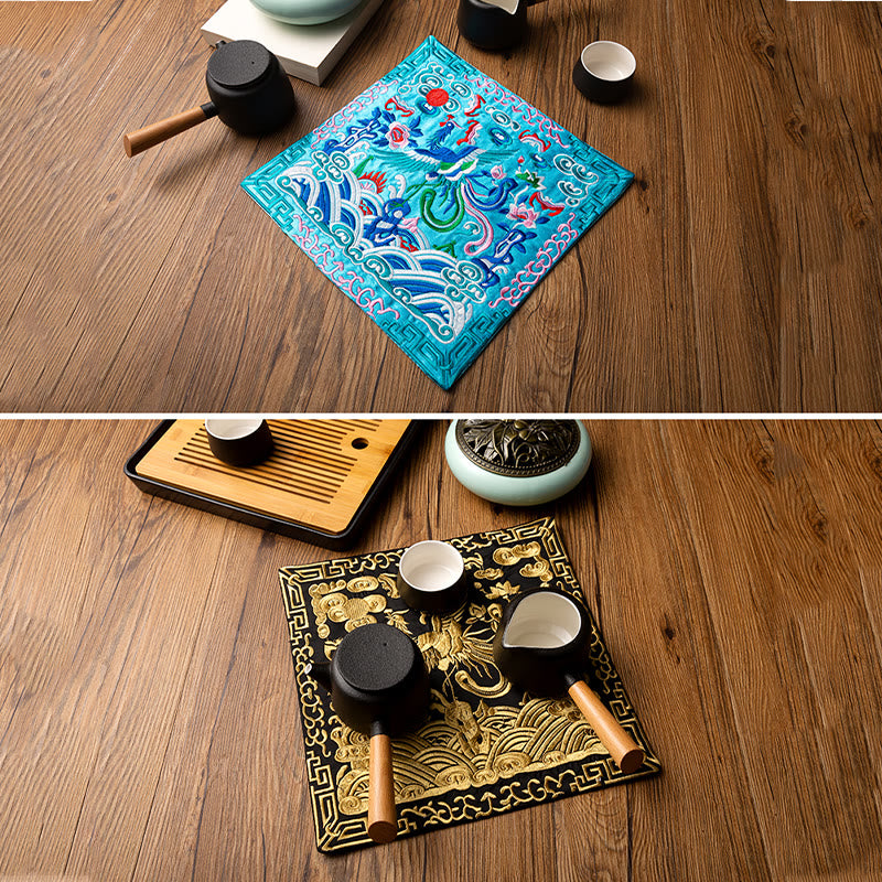 Phoenix Dragon Kirin Embroidery Tea Cup Mat - Turquoise and black gold mats with teapots, Contrast Pairing