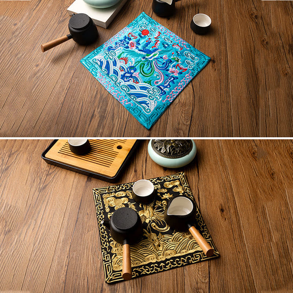 Phoenix Dragon Kirin Embroidery Tea Cup Mat - Turquoise and black gold mats with teapots, Contrast Pairing