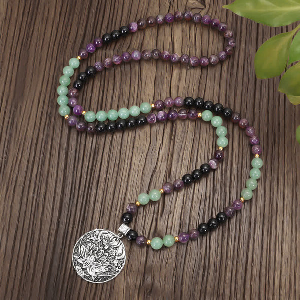 Amethyst Aventurine Lotus Mala - Long beaded necklace with lotus pendant and green leaf, spiritual jewelry