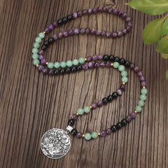 Amethyst Aventurine Lotus Mala - Long beaded necklace with lotus pendant and green leaf, spiritual jewelry