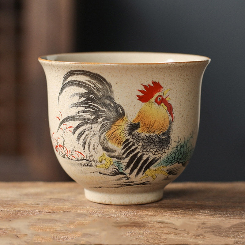 Chinese Zodiac Ceramic Teacup - hand-painted rooster and chick cup, traditional Chinese pottery
