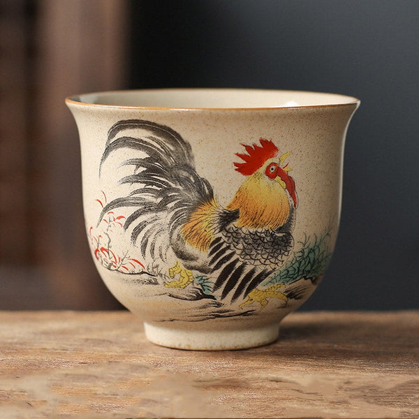 Chinese Zodiac Ceramic Teacup - hand-painted rooster and chick cup, traditional Chinese pottery