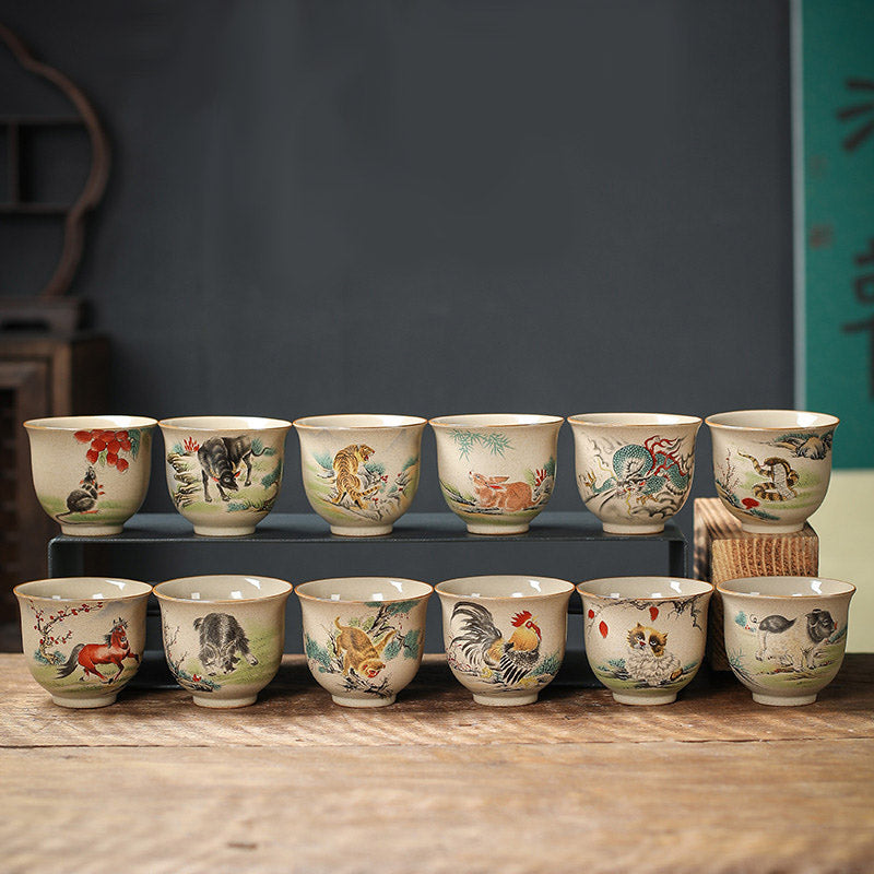 Chinese Zodiac Ceramic Teacup - complete 12 zodiac animal cup set, crackle glaze collection
