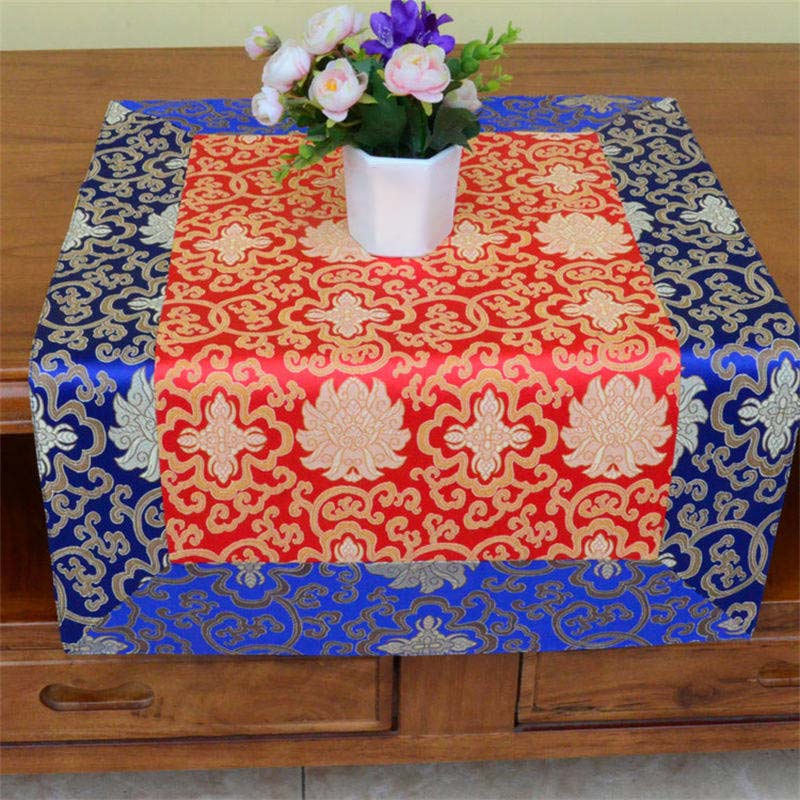 Dragon Vajra Altar Table Runner – Scarlet center cobalt metallic gold threads, opulent