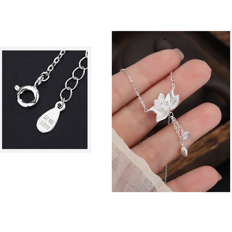 999 Silver Lotus Pod Necklace – S999 hallmark close-up and lotus pendant on hand, split-frame detail, silver purity necklace