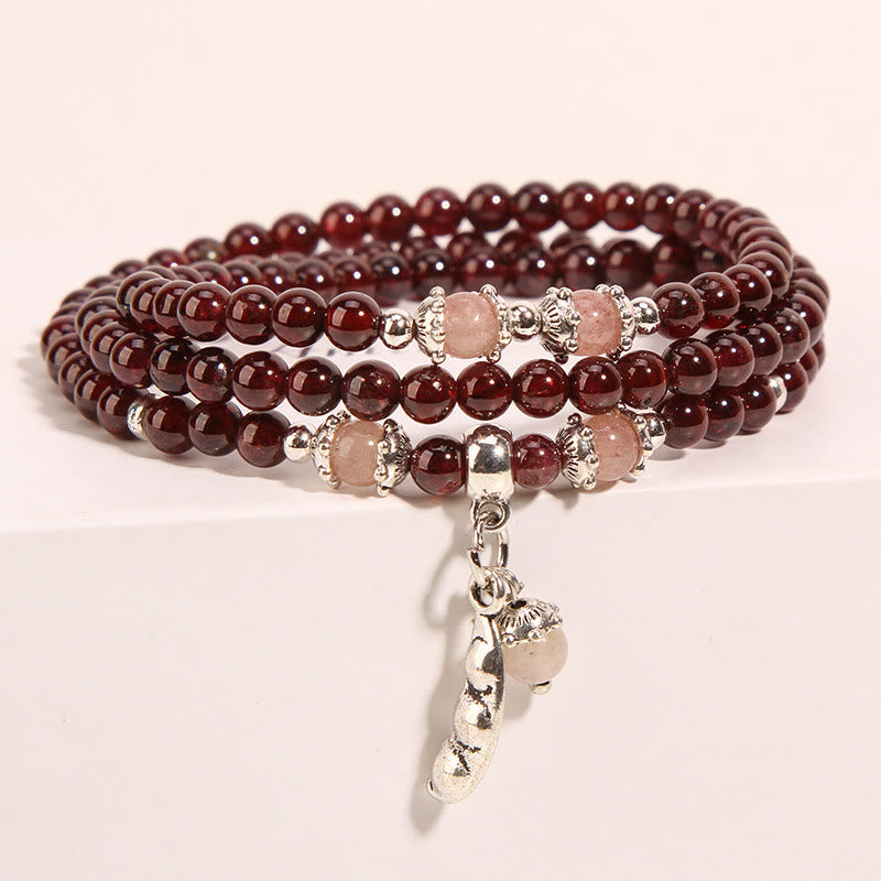 Garnet Strawberry Quartz Green Beans PiXiu Wrap Bracelet – three-layer garnet beads with silver PiXiu pendant, love