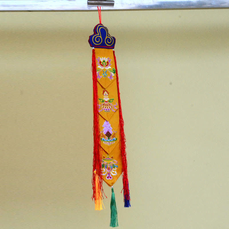 Lotus Auspicious Wall Art – Golden silk banner with Eight Auspicious Symbols, Meditation space