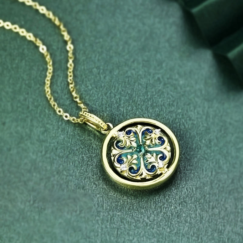 Silver Lotus Zircon Necklace – Teal fabric, blue enamel and stones, Vintage revival