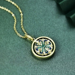 Silver Lotus Zircon Necklace – Teal fabric, blue enamel and stones, Vintage revival