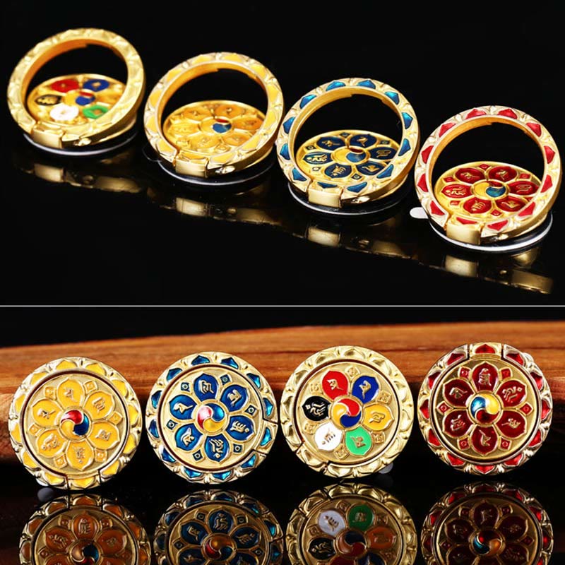 Om Mani Padme Hum Phone Ring Holder – Four gold rings in yellow, blue, multicolor and red, phone grip set