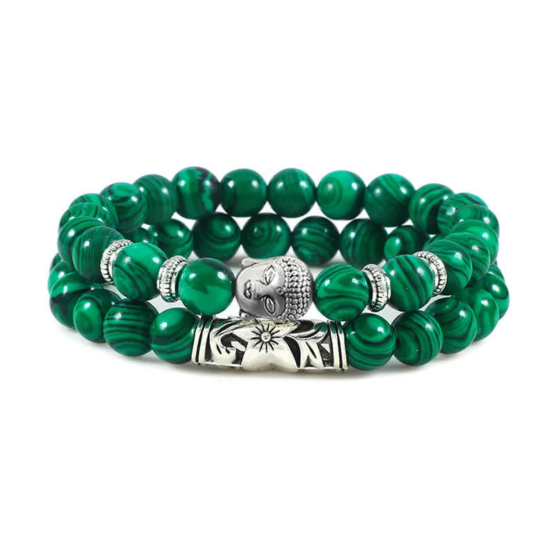 Tiger Eye Bracelet – Green malachite beads with silver Buddha charm front view, transformation jewelry