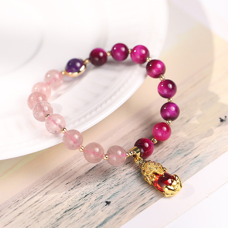 Natural Strawberry Quartz Love Bracelet – white shell wood gold PiXiu charm strawberry quartz