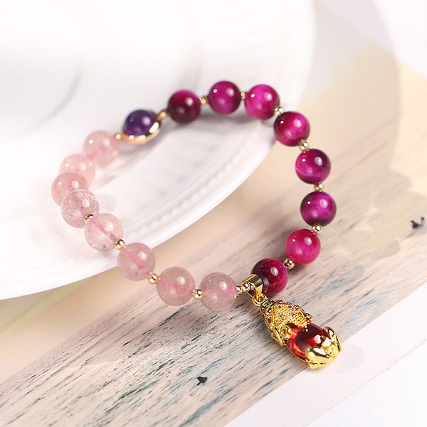 Natural Strawberry Quartz Love Bracelet – white shell wood gold PiXiu charm strawberry quartz