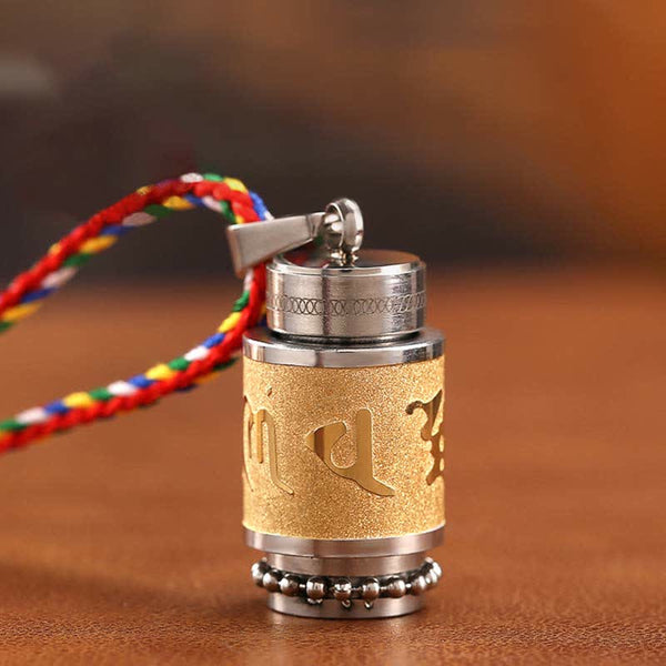 Om Mani Padme Hum Amulet – Gold prayer wheel pendant, five-color woven cord, Buddhist jewelry