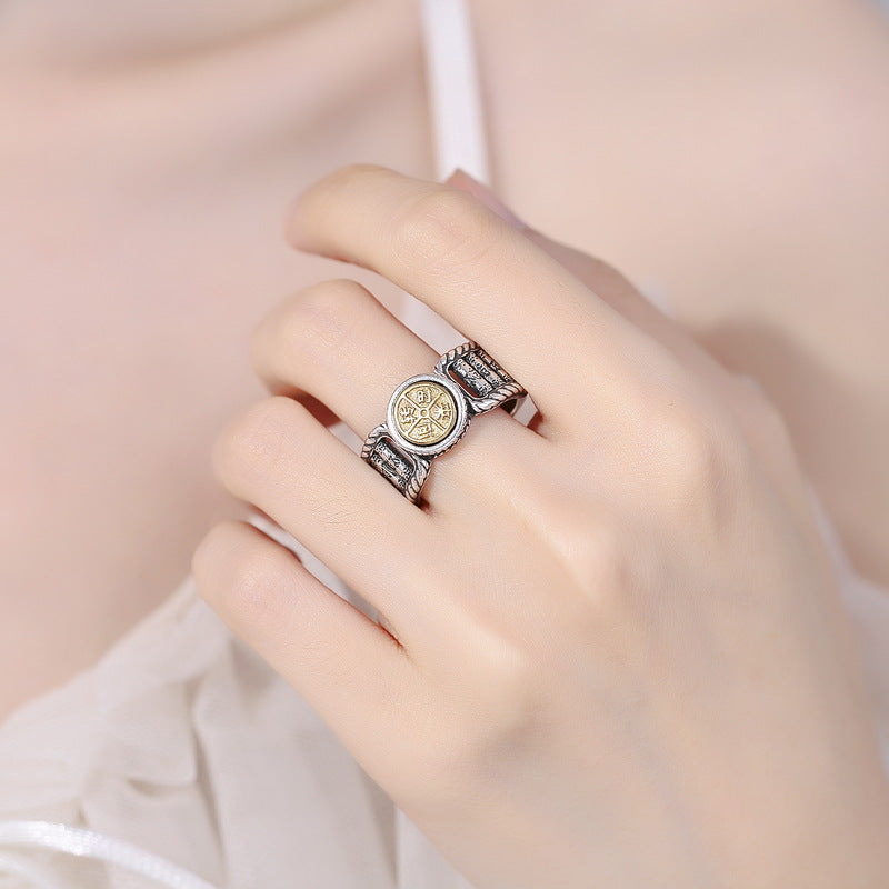 Om Mani Padme Hum Copper Ring – Worn on hand showing gold medallion detail, copper ring