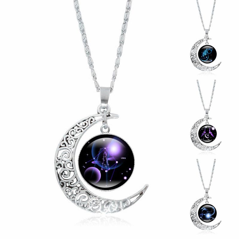 Zodiac Moon Protection Copper Necklace - Crescent moon zodiac necklace collection showing Libra, Aquarius, and galaxy constellation variants with filigree moon frames