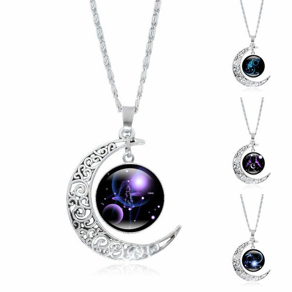 Zodiac Moon Protection Copper Necklace - Crescent moon zodiac necklace collection showing Libra, Aquarius, and galaxy constellation variants with filigree moon frames