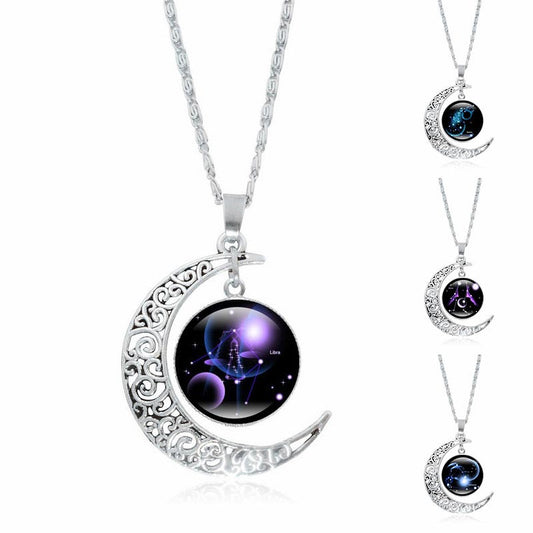 Zodiac Moon Protection Copper Necklace - Crescent moon zodiac necklace collection showing Libra, Aquarius, and galaxy constellation variants with filigree moon frames