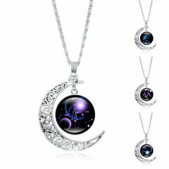 Zodiac Moon Protection Copper Necklace - Crescent moon zodiac necklace collection showing Libra, Aquarius, and galaxy constellation variants with filigree moon frames