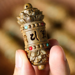 Om Mani Padme Hum Necklace – Handheld carved wooden prayer wheel pendant, turquoise and red inlays, mantra engraving