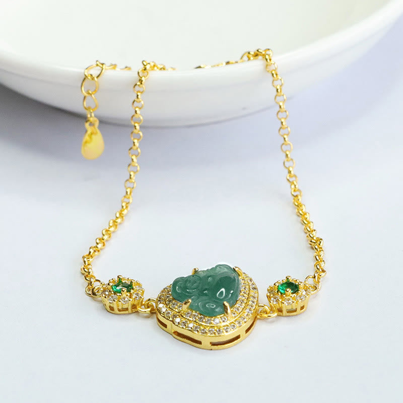 Green Jade Buddha Bracelet – clear zircon stones sparkling around jade Buddha, luxury crystal accent