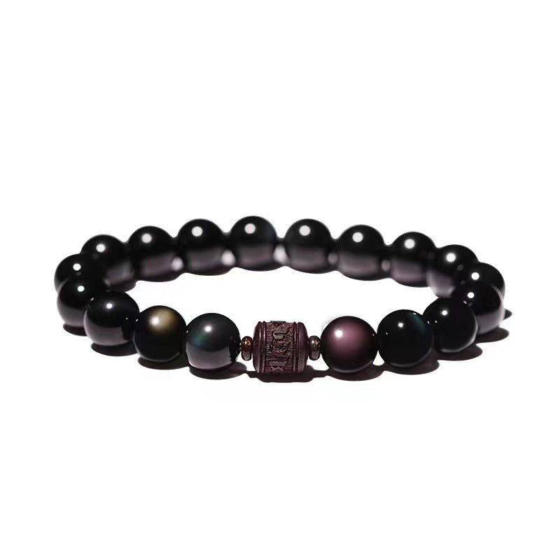 Gold Sheen & Rainbow Obsidian Fu Bracelet – white background clean shot, obsidian bead bracelet