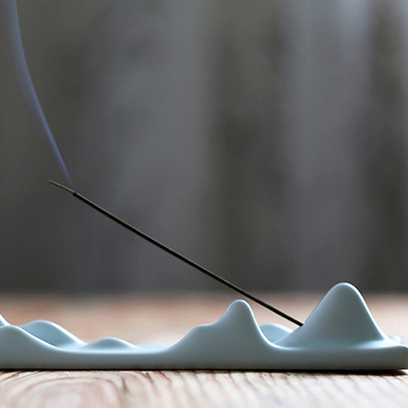 Ceramic Mountain Holder – Sage green peaks with delicate smoke wisps, meditative