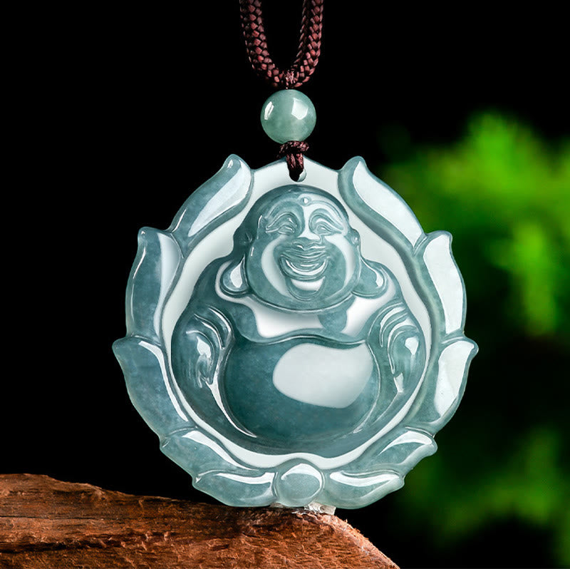 Natural Jade Laughing Buddha Lotus Luck Necklace Pendant – side angle of carved belly, mindfulness happiness accessory
