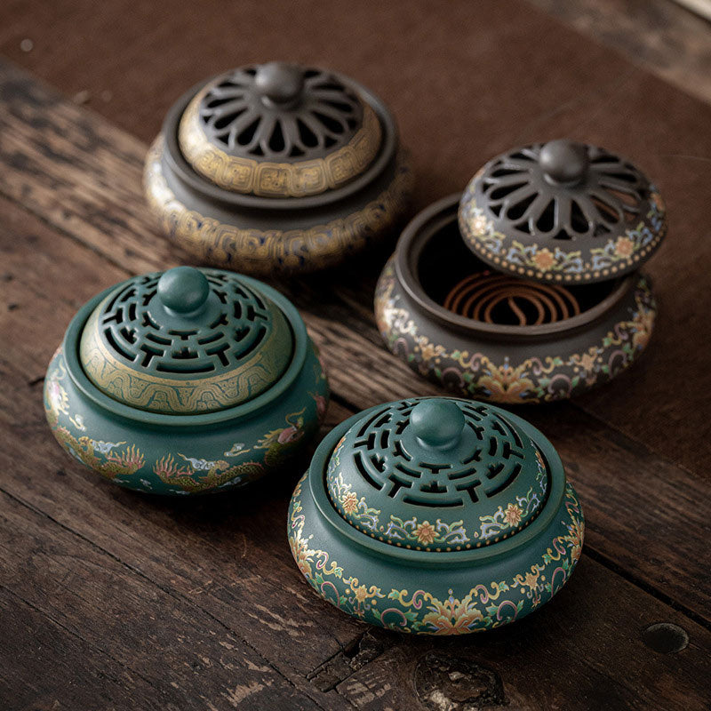 Dragon Floral Ceramic Backflow Burner – green censer among color options on rustic wood, zen