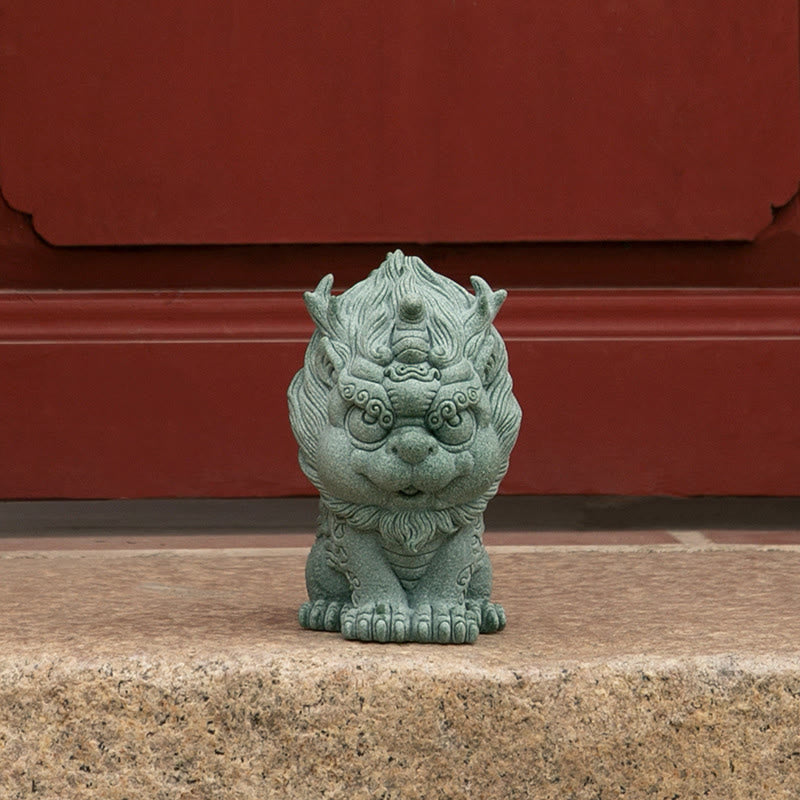 PiXiu Sandstone Statue – Front view on stone steps with red door background, feng shui decoration